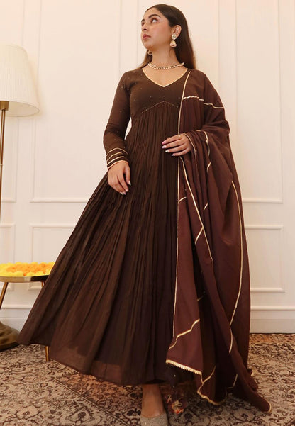 REGAL BROWN MUL COTTON ANARKALI SUIT SET