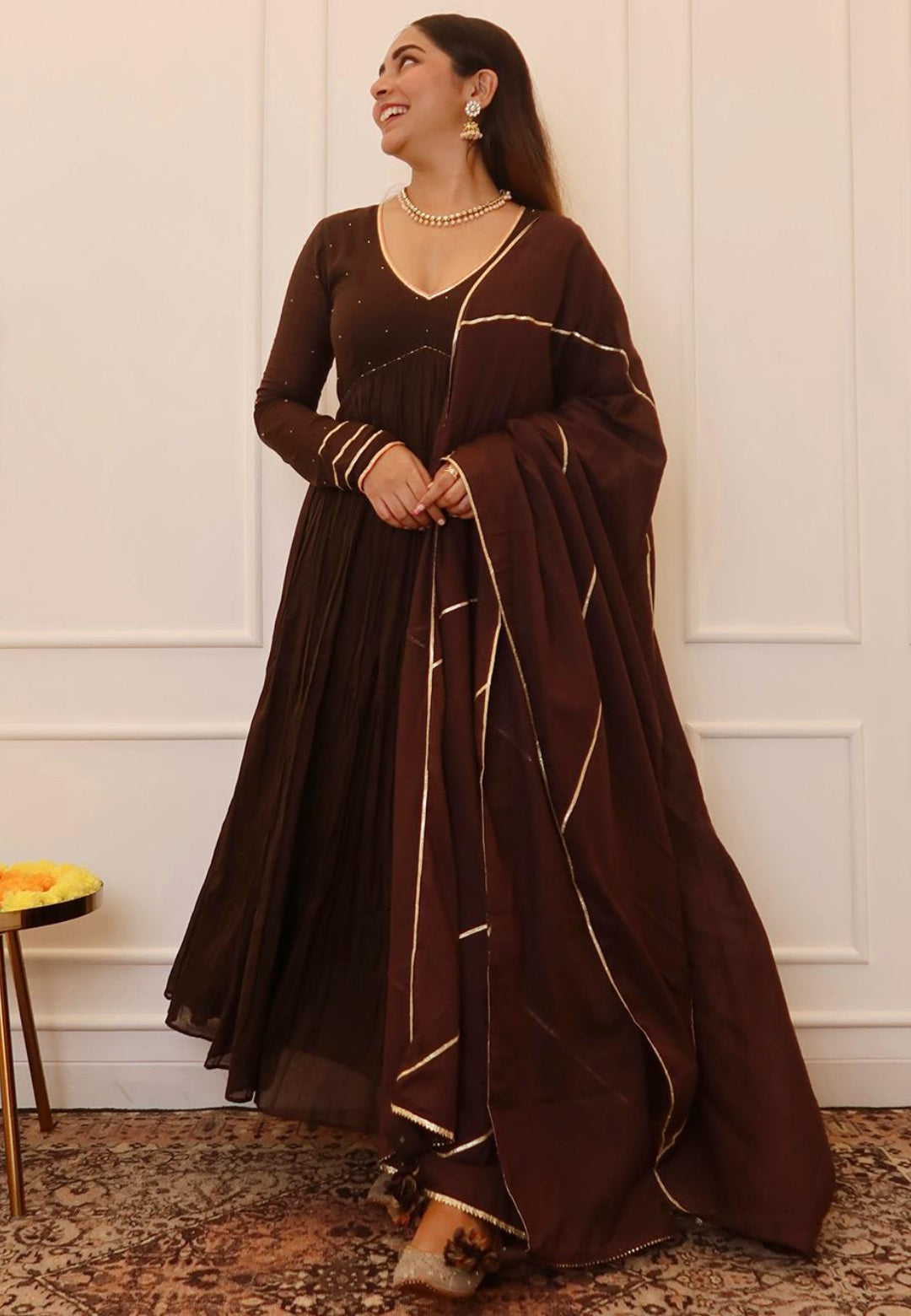 REGAL BROWN MUL COTTON ANARKALI SUIT SET