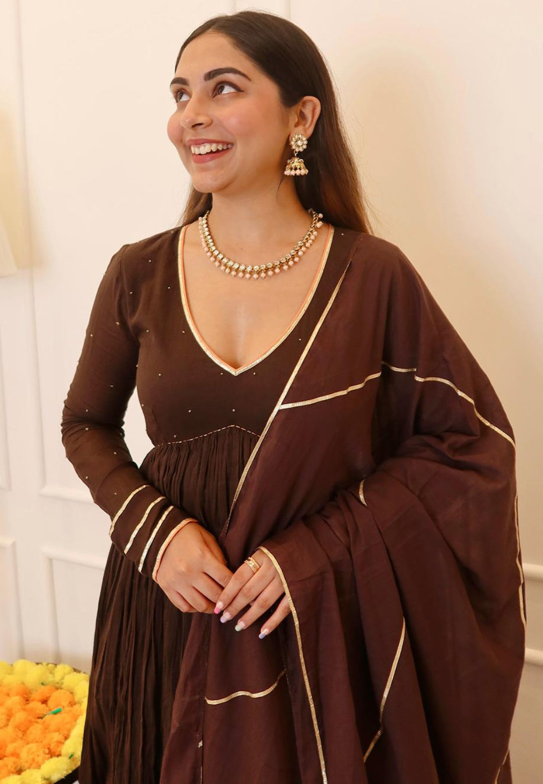 REGAL BROWN MUL COTTON ANARKALI SUIT SET