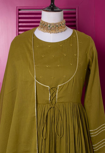 GREEN MUSTARD MANIKA GATHERED SUIT SET