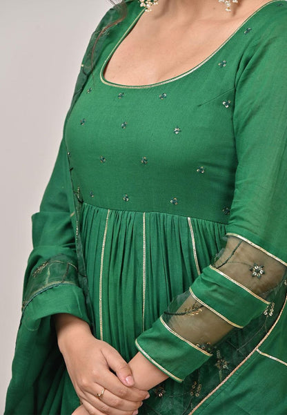 GREEN MULMUL ANARKALI SUIT SET