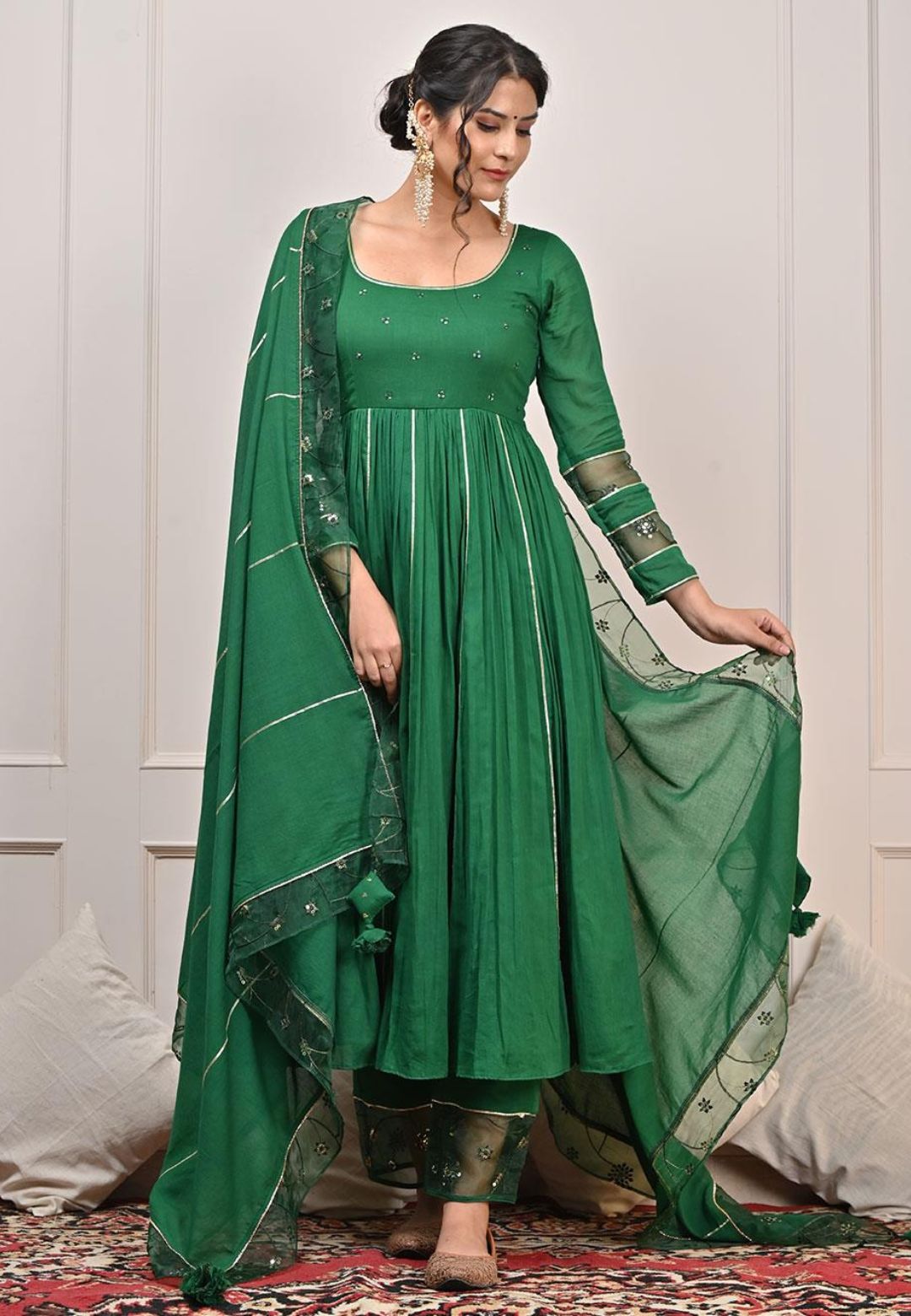 GREEN MULMUL ANARKALI SUIT SET