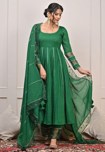 GREEN MULMUL ANARKALI SUIT SET