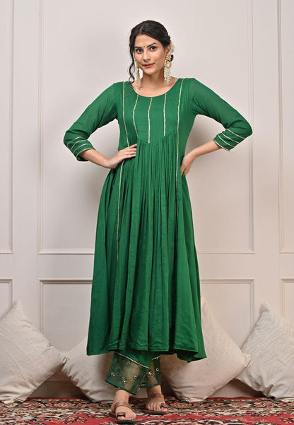 EMERALD GREEN MUL GATHERED SUIT SET