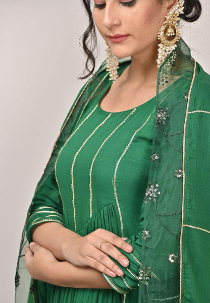 EMERALD GREEN MUL GATHERED SUIT SET
