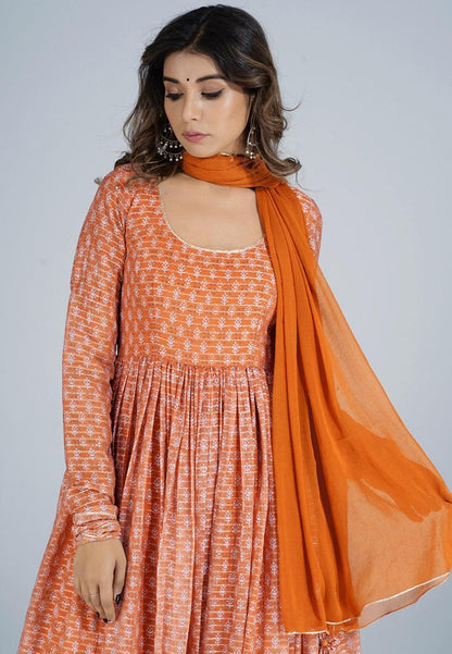 TANGERINE ORANGE GATHERED ANARKALI SUIT SET