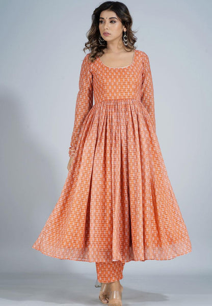 TANGERINE ORANGE GATHERED ANARKALI SUIT SET