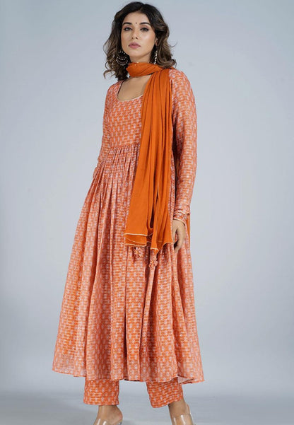 TANGERINE ORANGE GATHERED ANARKALI SUIT SET