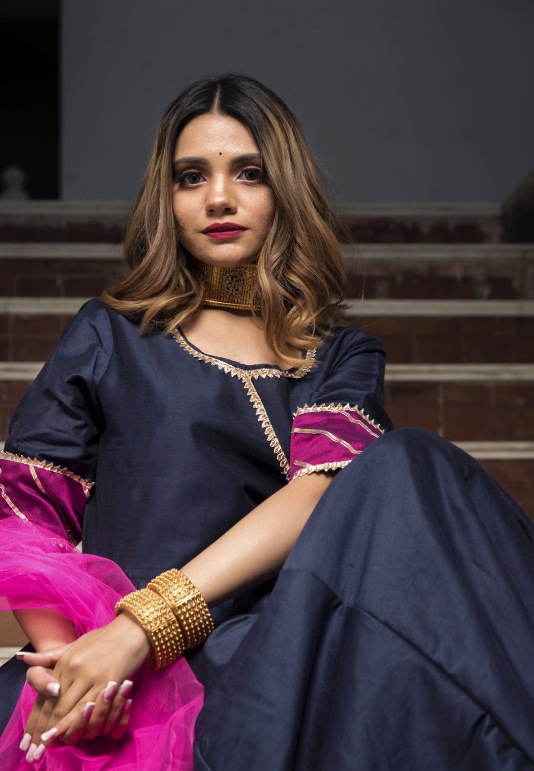 BLUE PINK COTTON SILK SUIT SET