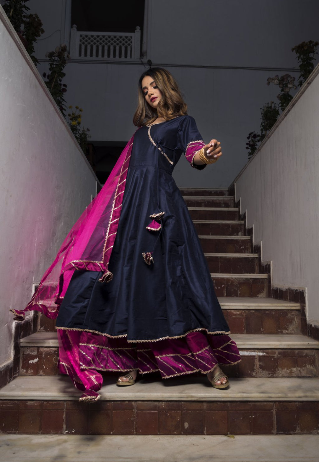 BLUE PINK COTTON SILK SUIT SET