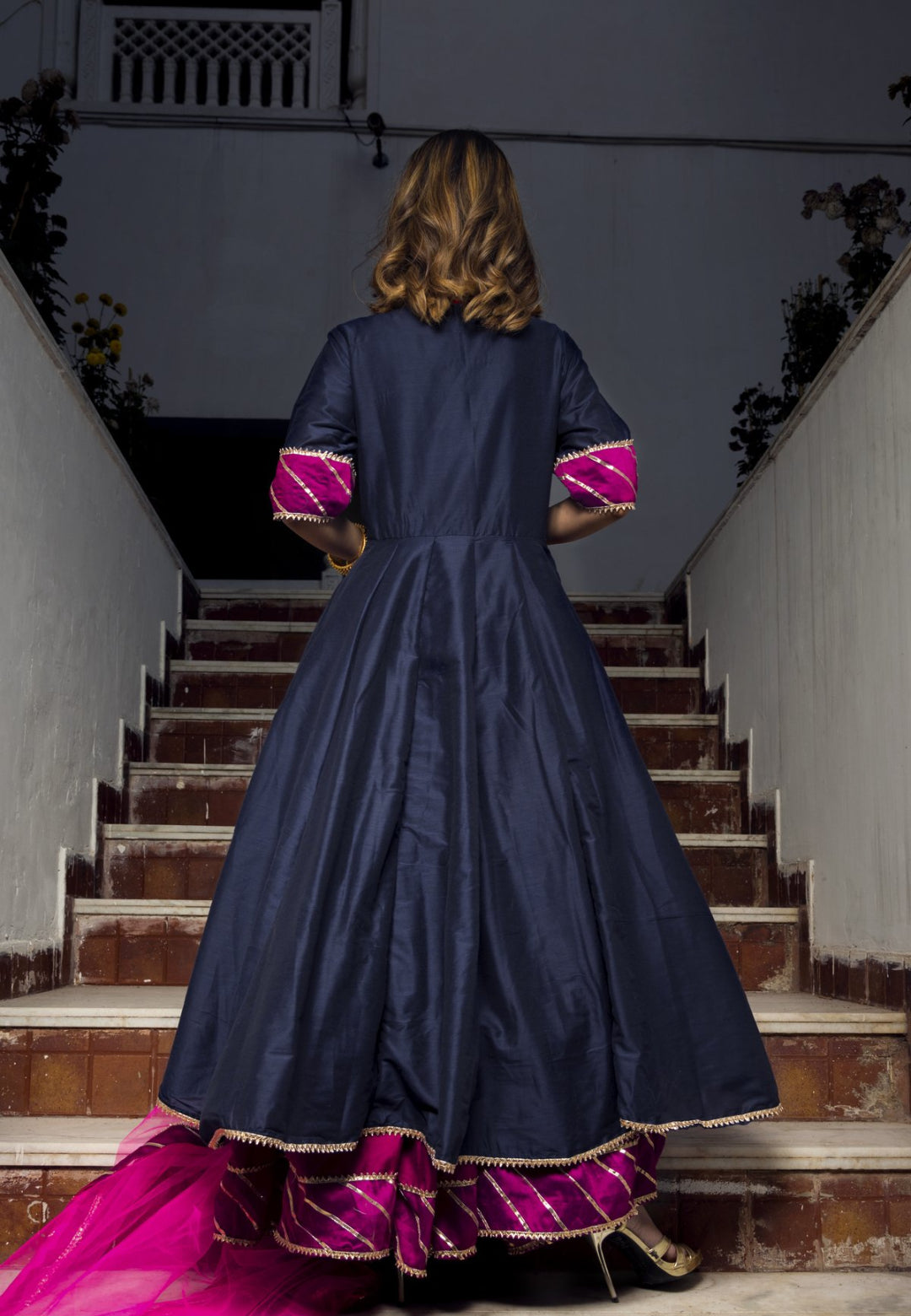 BLUE PINK COTTON SILK SUIT SET
