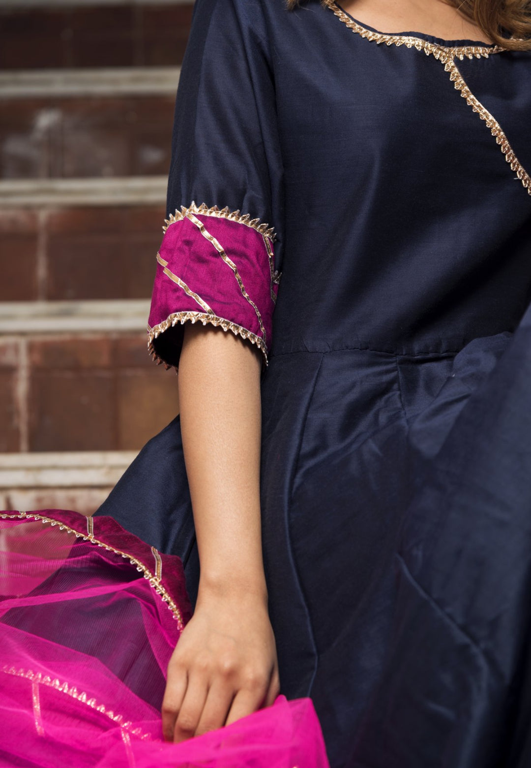 BLUE PINK COTTON SILK SUIT SET