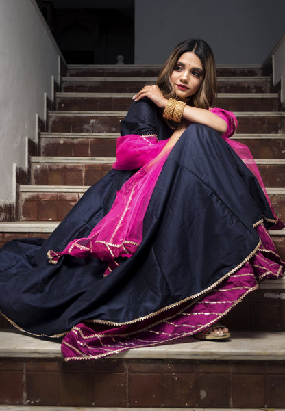 BLUE PINK COTTON SILK SUIT SET
