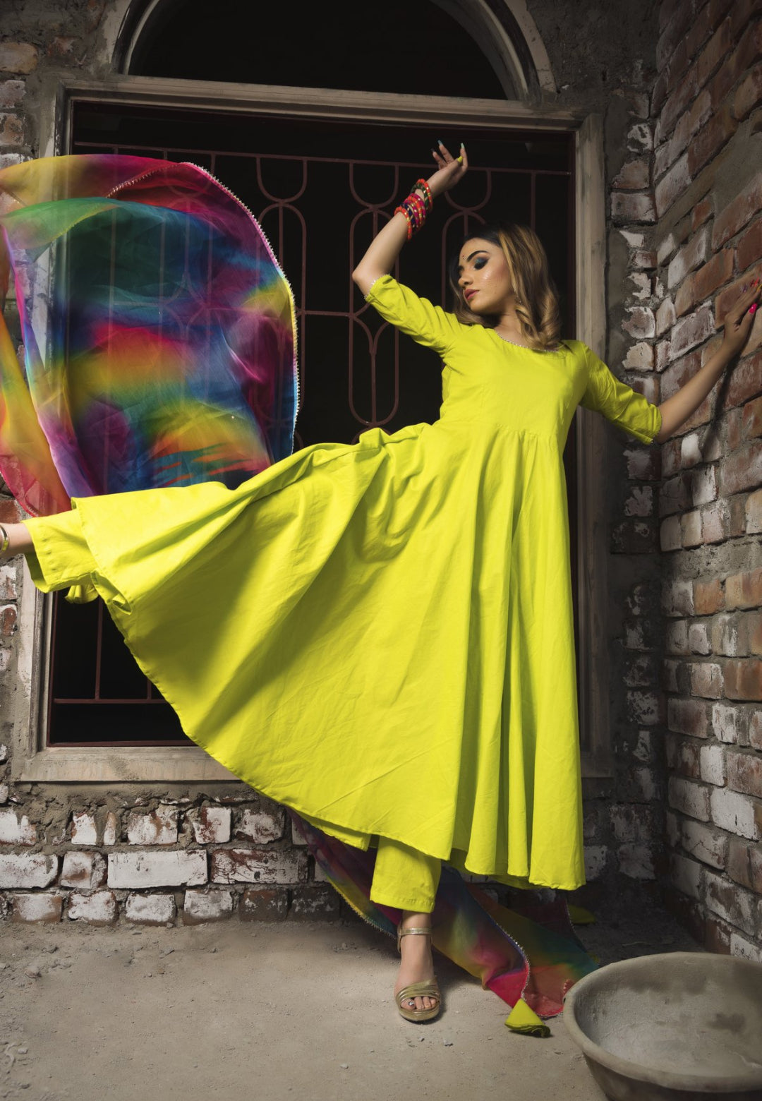 GREEN COLOR BURST COTTON ANARKALI SUIT SET