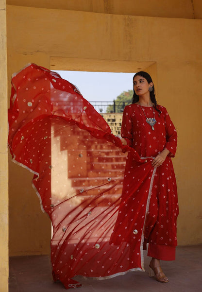 RED BANDHEJ GEORGETTE ANARKALI SUIT SET