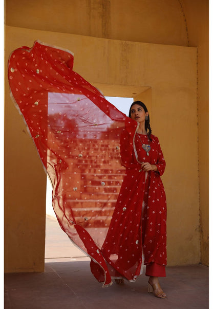 RED BANDHEJ GEORGETTE ANARKALI SUIT SET