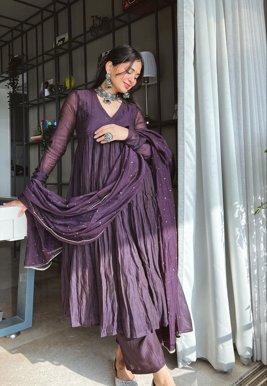 PURPLE CHANDERI ANARKALI SUIT SET