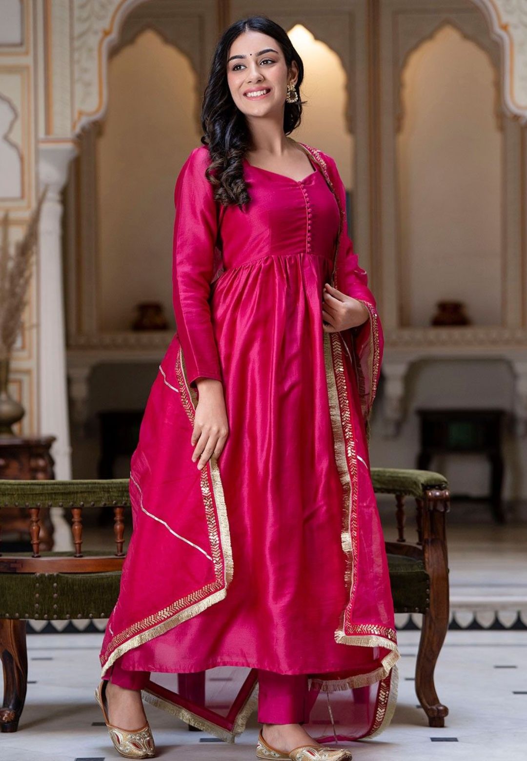 PINK CHANDERI SILK ANARKALI SUIT SET