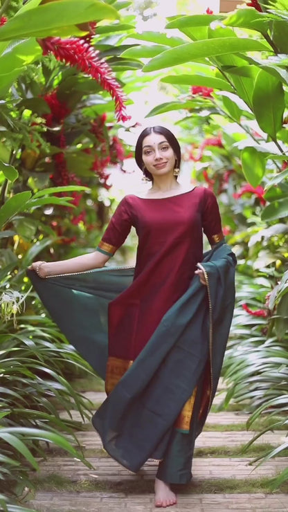 MAROON GREEN NARAYANPET COTTON SUIT SET