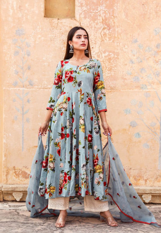 BLUE COTTON MUSLIN FLORAL ANARKALI SET