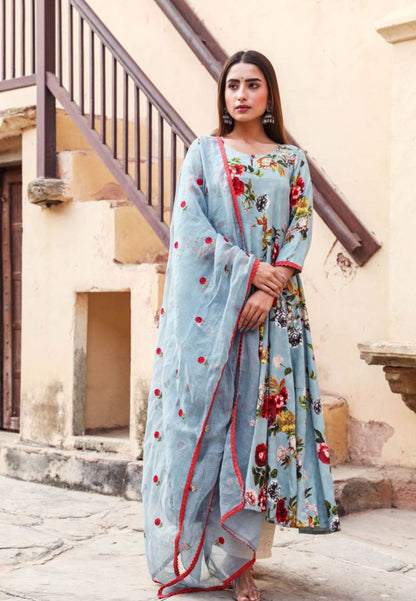 BLUE COTTON MUSLIN FLORAL ANARKALI SET