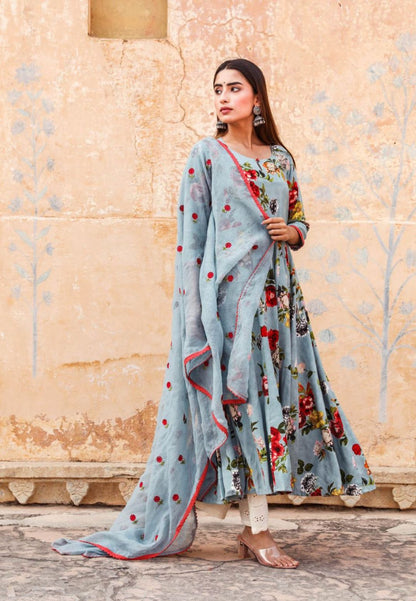 BLUE COTTON MUSLIN FLORAL ANARKALI SET