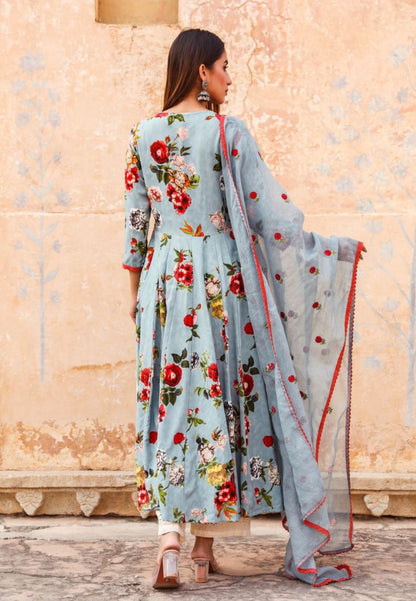 BLUE COTTON MUSLIN FLORAL ANARKALI SET
