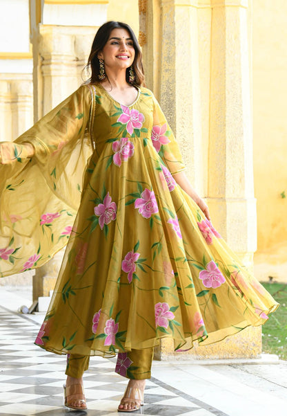 SAND YELLOW HANDPAINTED ORGANZA SUIT