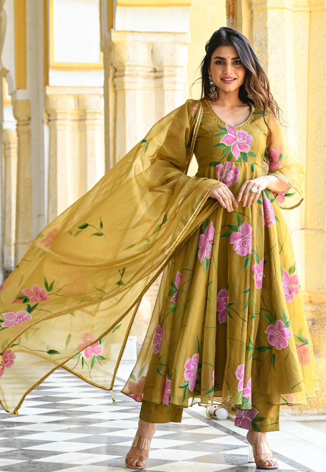 SAND YELLOW HANDPAINTED ORGANZA SUIT