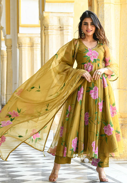 SAND YELLOW HANDPAINTED ORGANZA SUIT