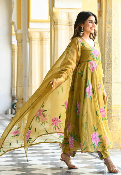SAND YELLOW HANDPAINTED ORGANZA SUIT