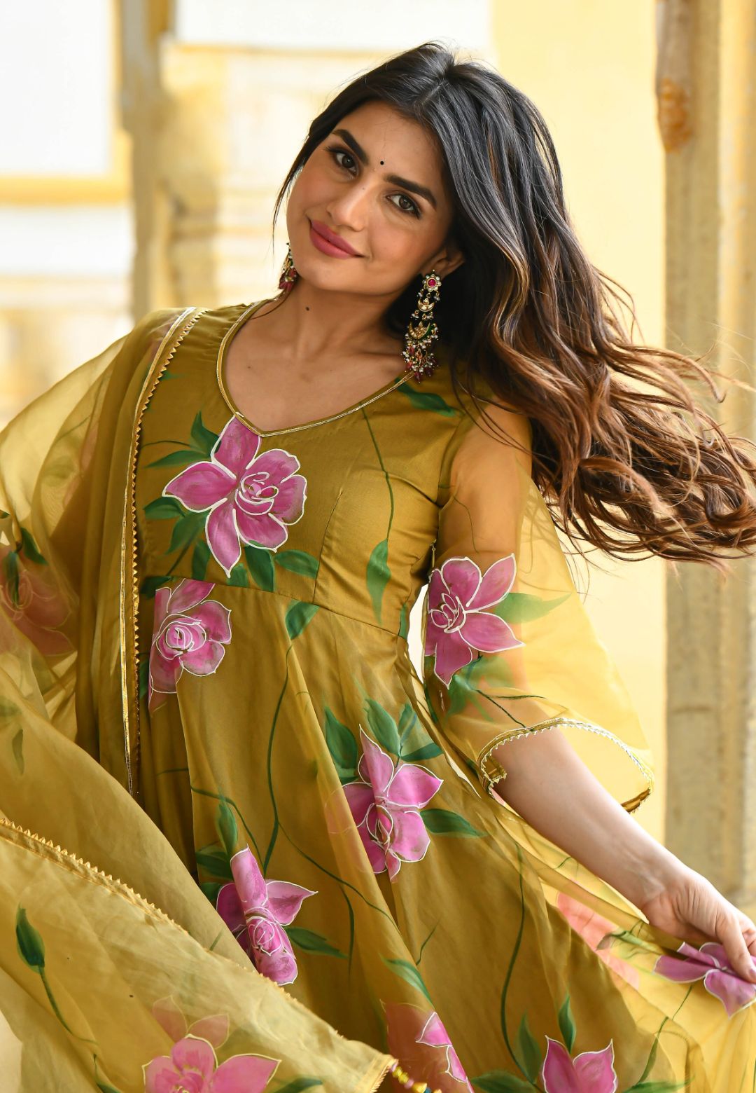 SAND YELLOW HANDPAINTED ORGANZA SUIT