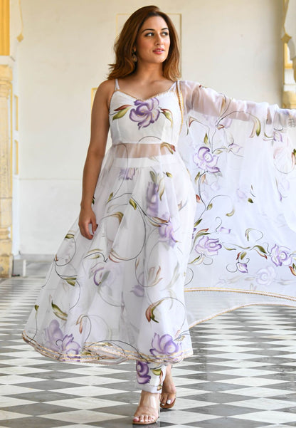 WHITE FLORAL HANDPAINTED ORGANZA SUIT