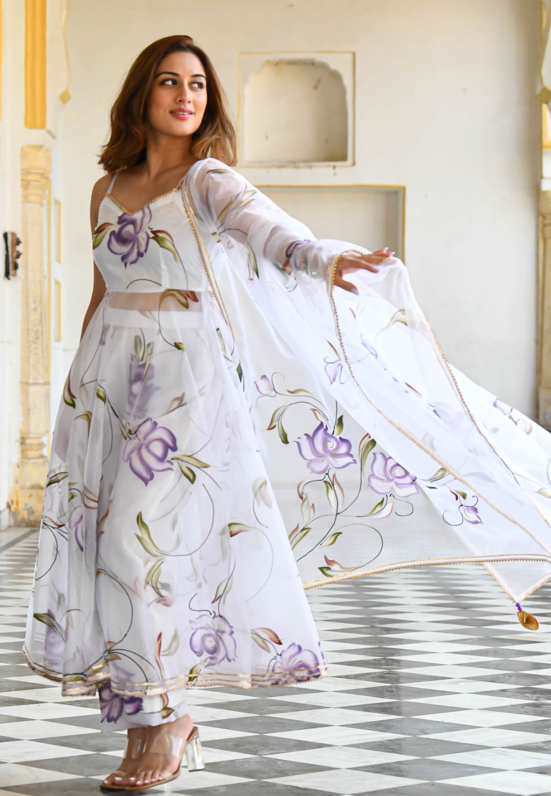 WHITE FLORAL HANDPAINTED ORGANZA SUIT