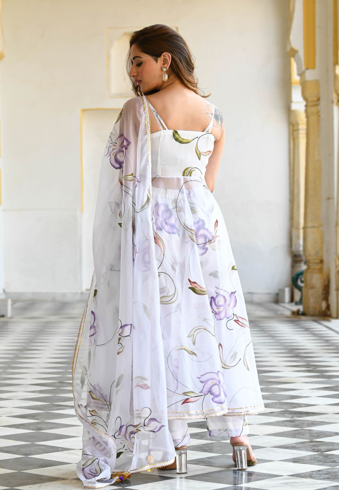 WHITE FLORAL HANDPAINTED ORGANZA SUIT