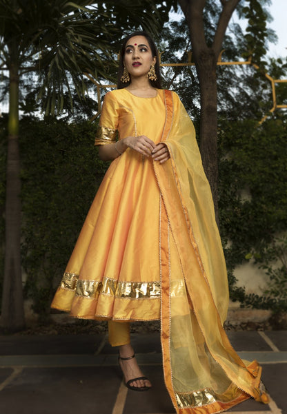 YELLOW ART SILK ANARKALI  SUIT SET