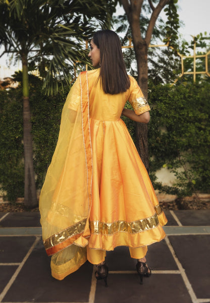 YELLOW ART SILK ANARKALI  SUIT SET