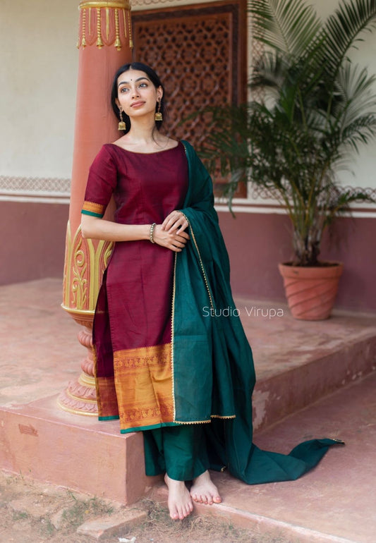 MAROON GREEN NARAYANPET COTTON SUIT SET