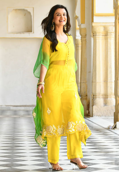 YELLOW GREEN GOTAPATTI KAFTAN SET