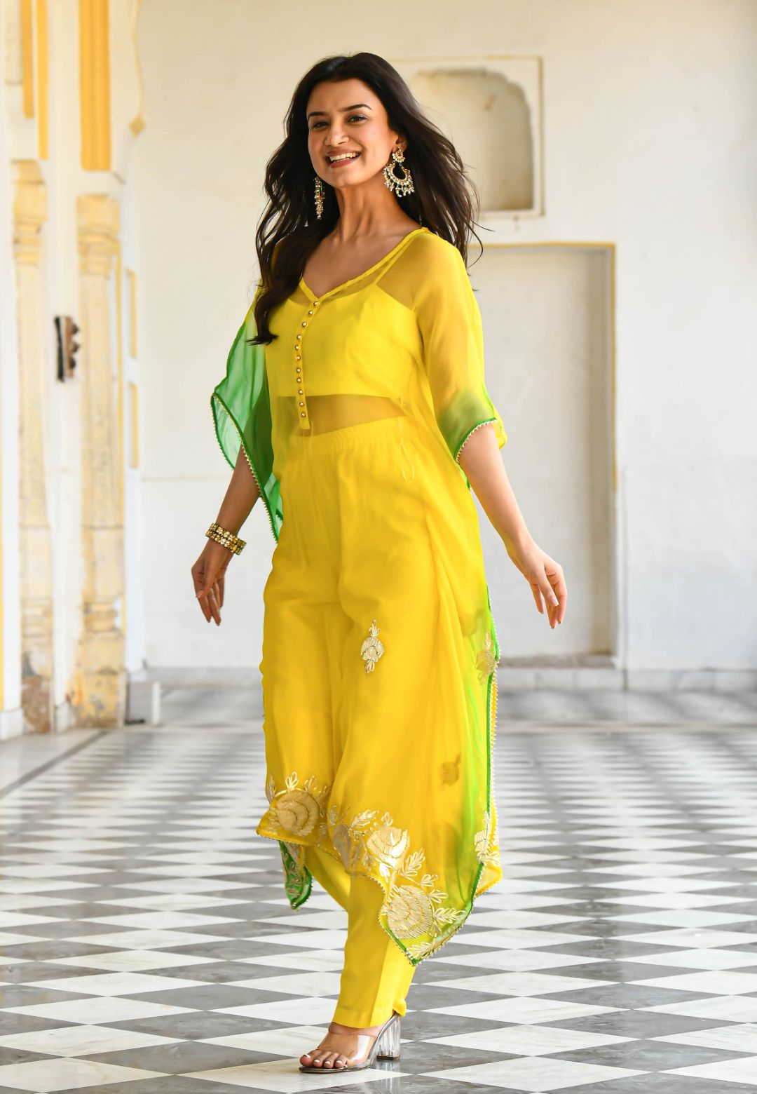 YELLOW GREEN GOTAPATTI KAFTAN SET