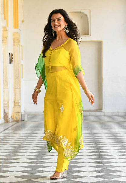 YELLOW GREEN GOTAPATTI KAFTAN SET