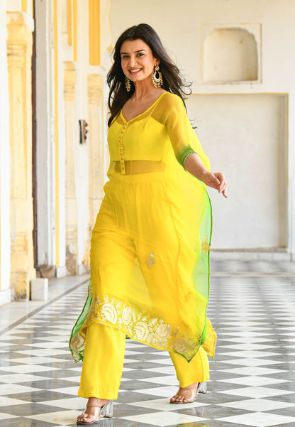 YELLOW GREEN GOTAPATTI KAFTAN SET