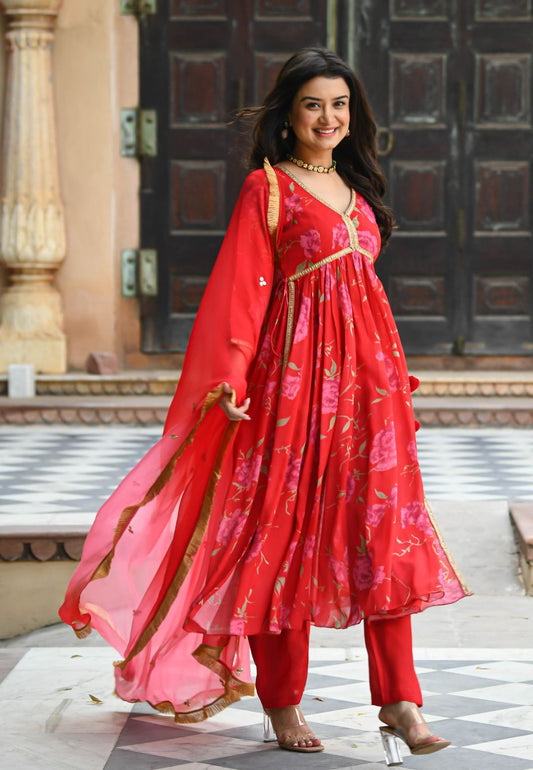 BRIGHT RED FLORAL GEORGETTE SUIT SET