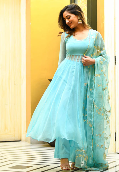 SKY BLUE COTTON SILK GOTTA SUIT SUIT