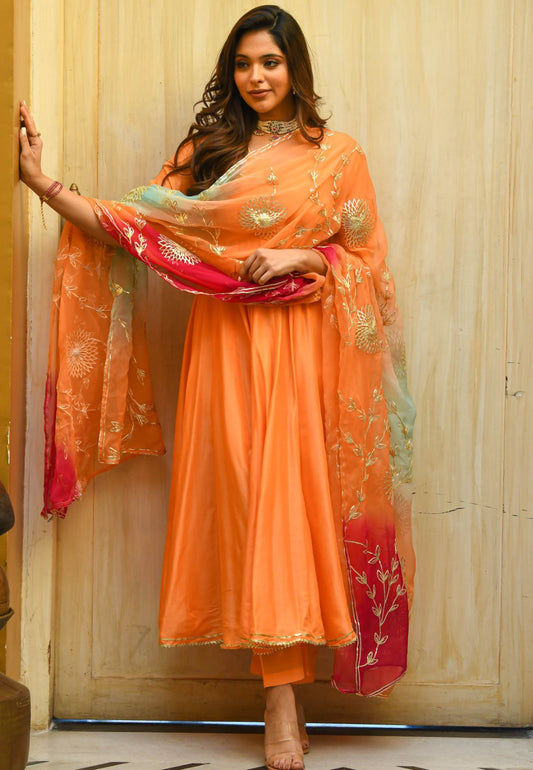 PEACHY ORANGE COTTON SILK GOTTA SUIT SUIT
