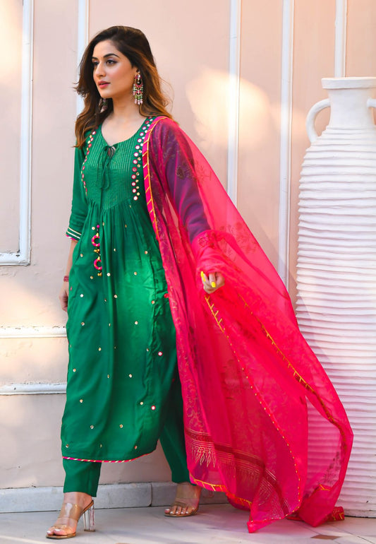 GREEN PINK COTTON SILK SUIT SET