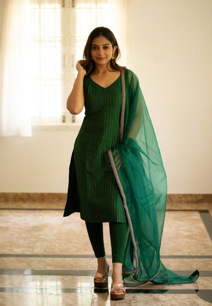 BOTTLE GREEN ANAMIKA STRAP KURTA SET